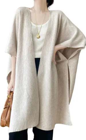 100% Merino Wool Shawl Wrap Women's Knitted Poncho Cape Cardigan Autumn Winter Loose Open Sweater Coat