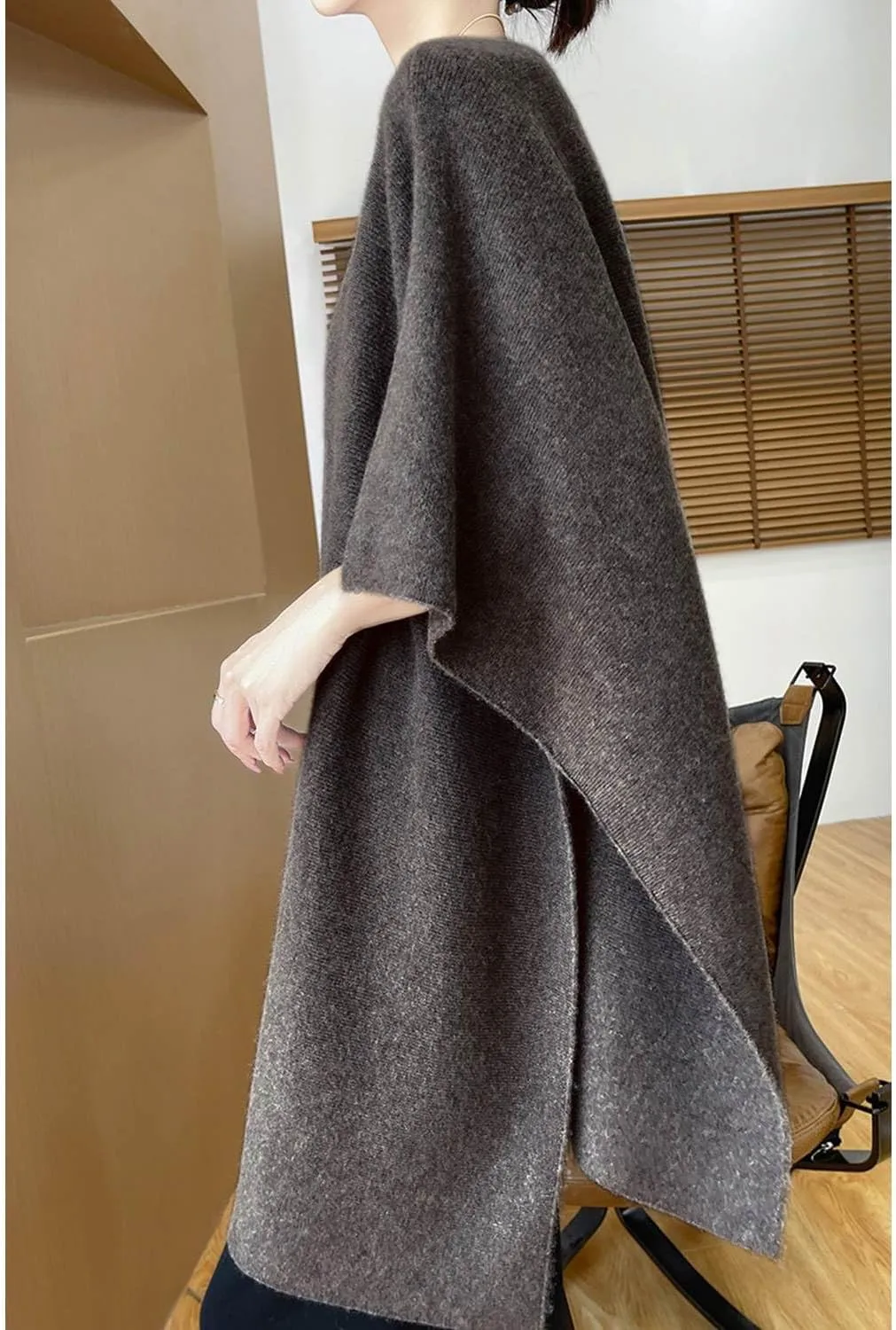 100% Merino Wool Shawl Wrap Women's Knitted Poncho Cape Cardigan Autumn Winter Loose Open Sweater Coat