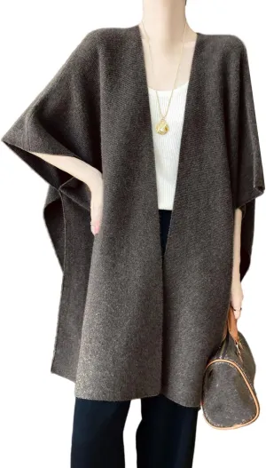 100% Merino Wool Shawl Wrap Women's Knitted Poncho Cape Cardigan Autumn Winter Loose Open Sweater Coat