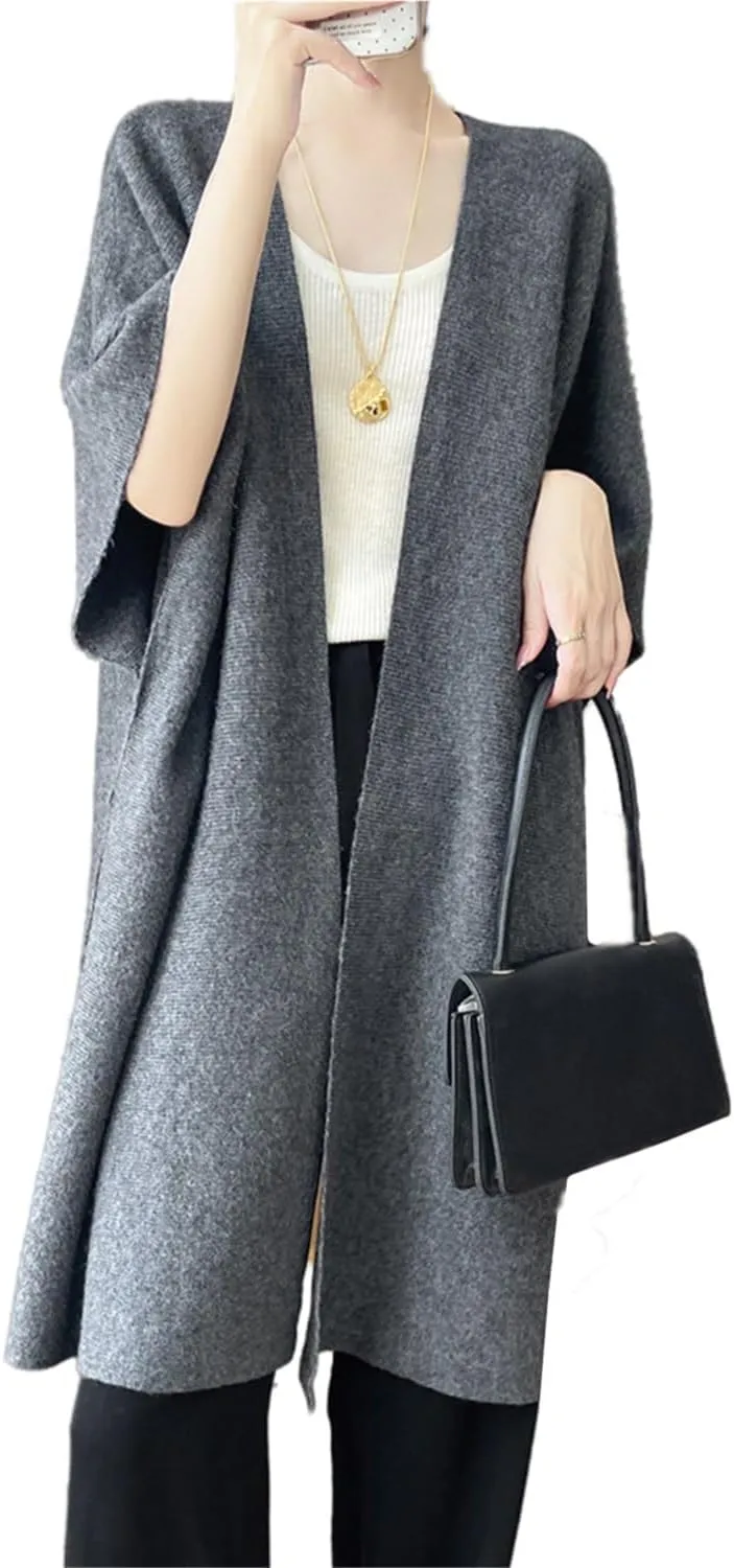 100% Merino Wool Shawl Wrap Women's Knitted Poncho Cape Cardigan Autumn Winter Loose Open Sweater Coat
