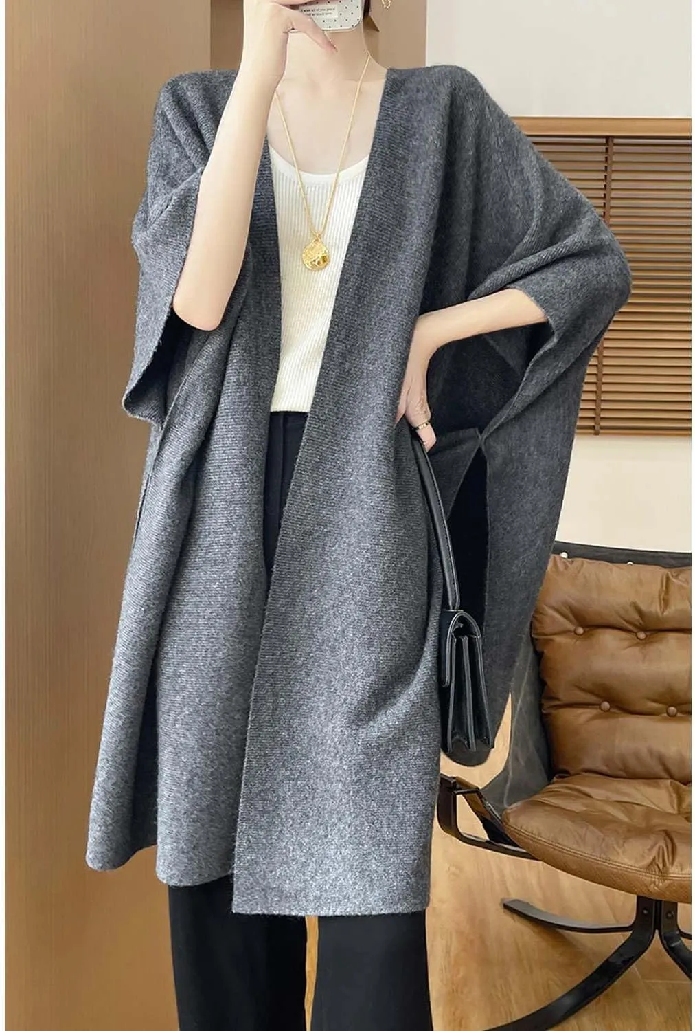 100% Merino Wool Shawl Wrap Women's Knitted Poncho Cape Cardigan Autumn Winter Loose Open Sweater Coat
