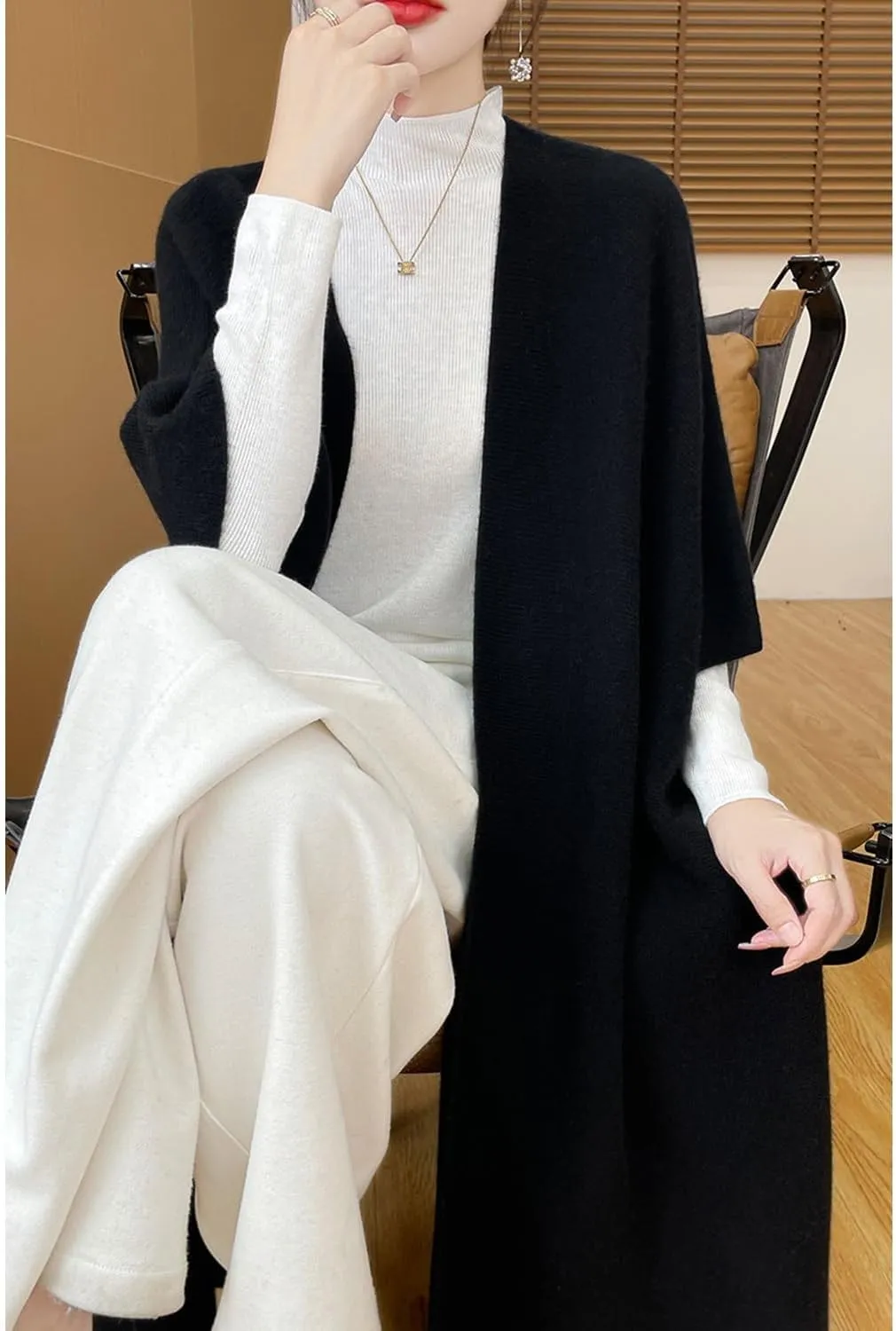 100% Merino Wool Shawl Wrap Women's Knitted Poncho Cape Cardigan Autumn Winter Loose Open Sweater Coat