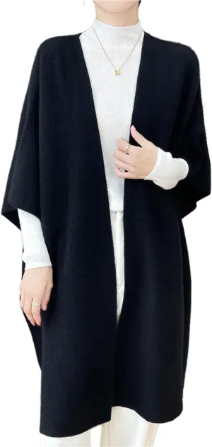 100% Merino Wool Shawl Wrap Women's Knitted Poncho Cape Cardigan Autumn Winter Loose Open Sweater Coat