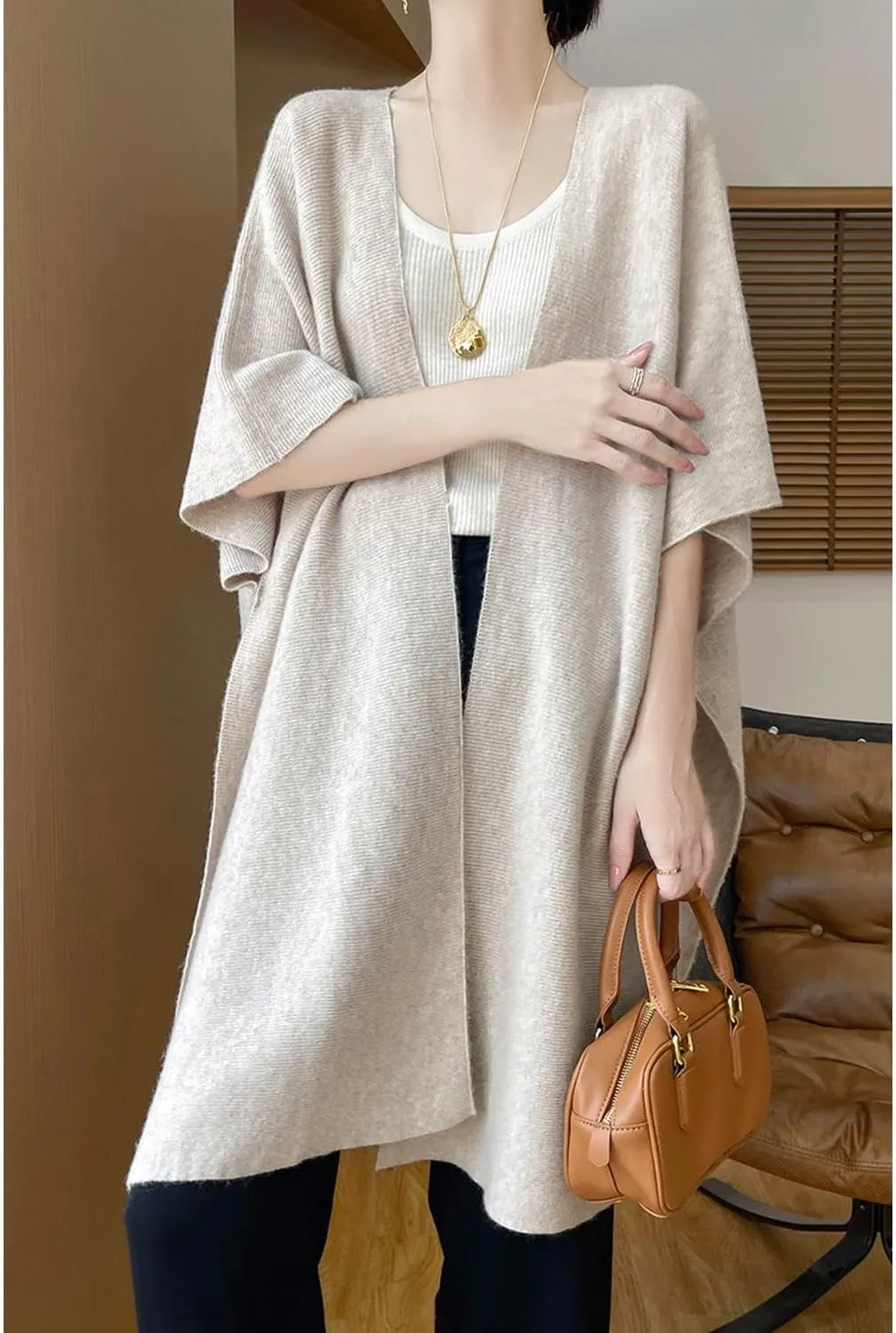 100% Merino Wool Shawl Wrap Women's Knitted Poncho Cape Cardigan Autumn Winter Loose Open Sweater Coat