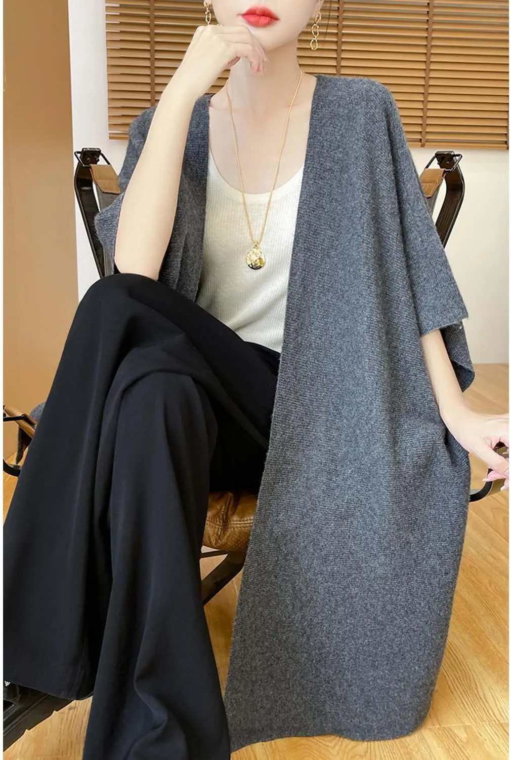 100% Merino Wool Shawl Wrap Women's Knitted Poncho Cape Cardigan Autumn Winter Loose Open Sweater Coat