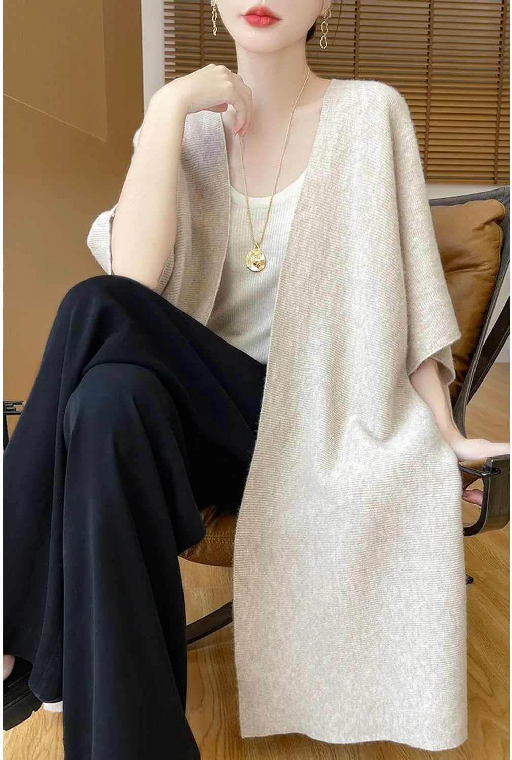 100% Merino Wool Shawl Wrap Women's Knitted Poncho Cape Cardigan Autumn Winter Loose Open Sweater Coat