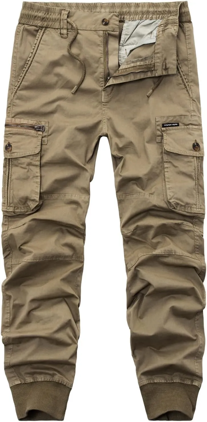 2023 Mens Fashion Cargo Pants Casual Cotton Tapered Trousers Stretch Twill Drawstring Athletic Joggers Sweatpant with Pocket