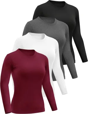 4 Pack Womens Long Sleeve Basic Shirts Crew Neck Slim Fitted Compression Gym Workout Athletic Underscrubs Tops