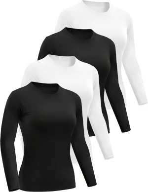 4 Pack Womens Long Sleeve Basic Shirts Crew Neck Slim Fitted Compression Gym Workout Athletic Underscrubs Tops