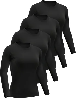 4 Pack Womens Long Sleeve Basic Shirts Crew Neck Slim Fitted Compression Gym Workout Athletic Underscrubs Tops