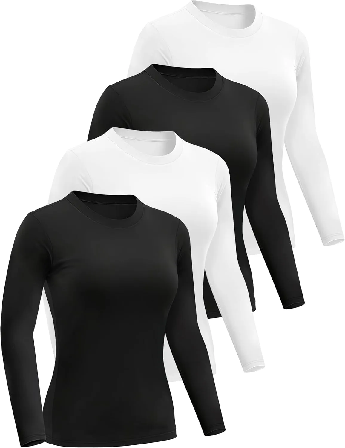 4 Pack Womens Long Sleeve Basic Shirts Crew Neck Slim Fitted Compression Gym Workout Athletic Underscrubs Tops