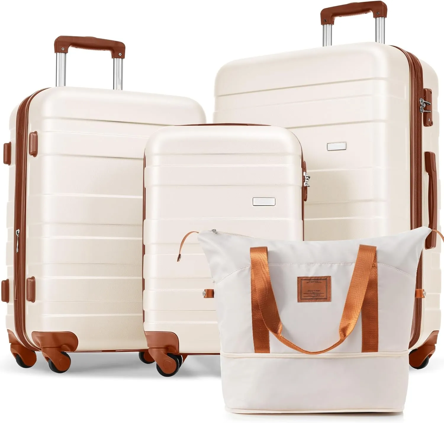 4 Piece Luggage Set with Expandable Suitcases & Travel Bag, 360 Spinner Wheels Carry On Suitcase Set, Ivory