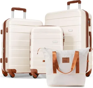 4 Piece Luggage Set with Expandable Suitcases & Travel Bag, 360 Spinner Wheels Carry On Suitcase Set, Ivory
