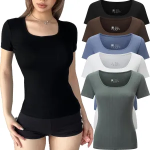 5 Pack Short Sleeve for Womens Square Neck T Shirts Fashion Casual Basic Tees Tops Summer Outfits Clothes 2025