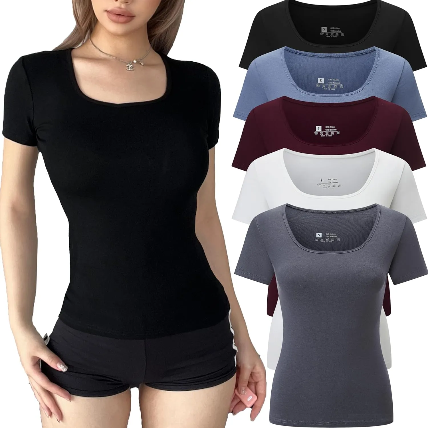 5 Pack Short Sleeve for Womens Square Neck T Shirts Fashion Casual Basic Tees Tops Summer Outfits Clothes 2025