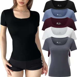 5 Pack Short Sleeve for Womens Square Neck T Shirts Fashion Casual Basic Tees Tops Summer Outfits Clothes 2025