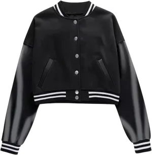 ACEFAST INC Womens Crop Varsity Jacket Letterman Baseball Jacket Bomber Vintage Y2k Streetwear Short Coat
