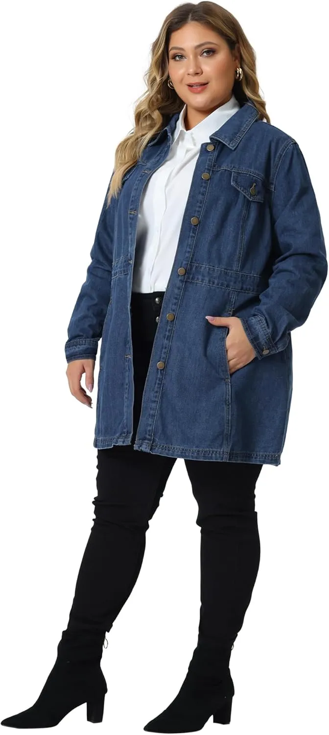 Agnes Orinda Plus Size Denim Jacket for Women Buttons Long Sleeve Jean Jackets
