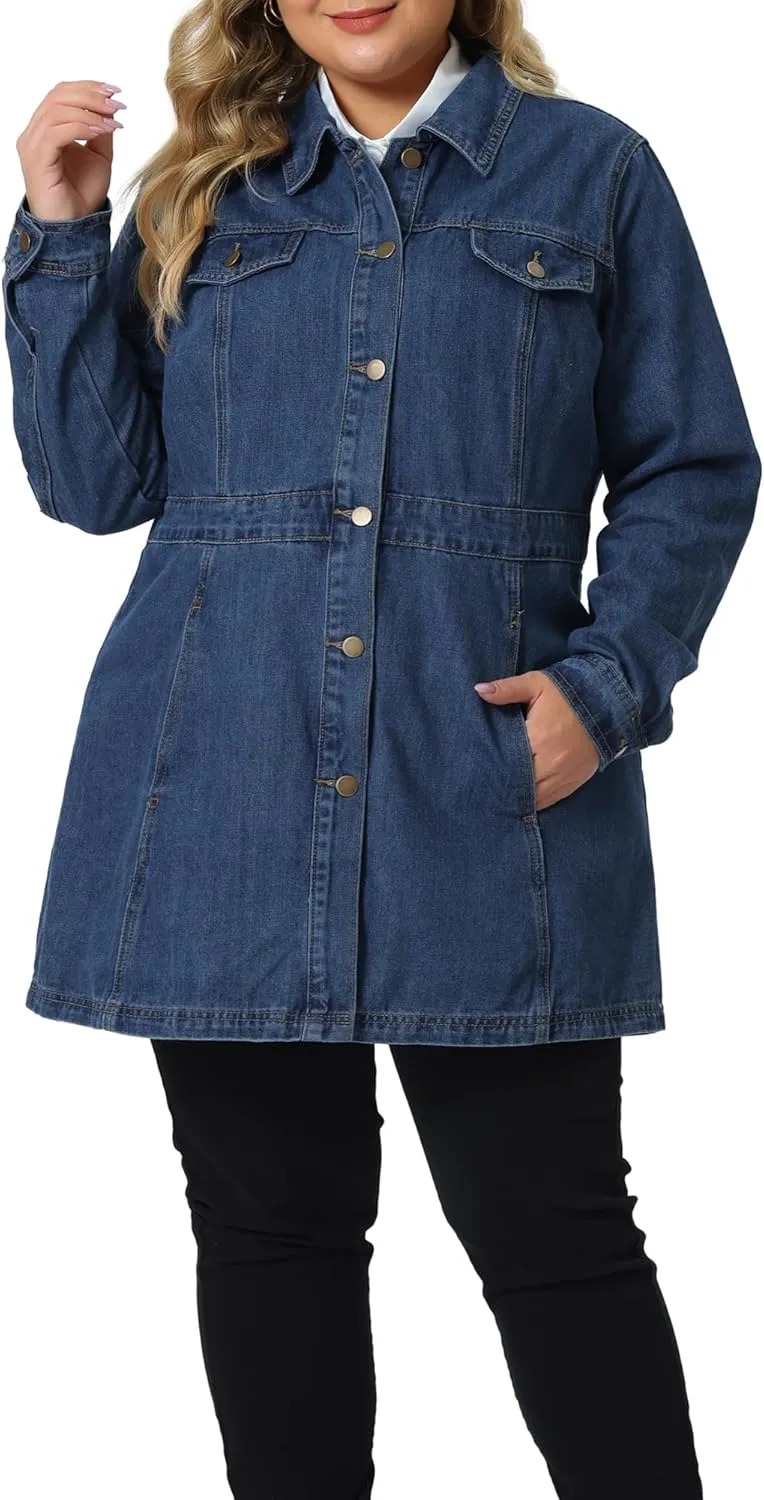 Agnes Orinda Plus Size Denim Jacket for Women Buttons Long Sleeve Jean Jackets