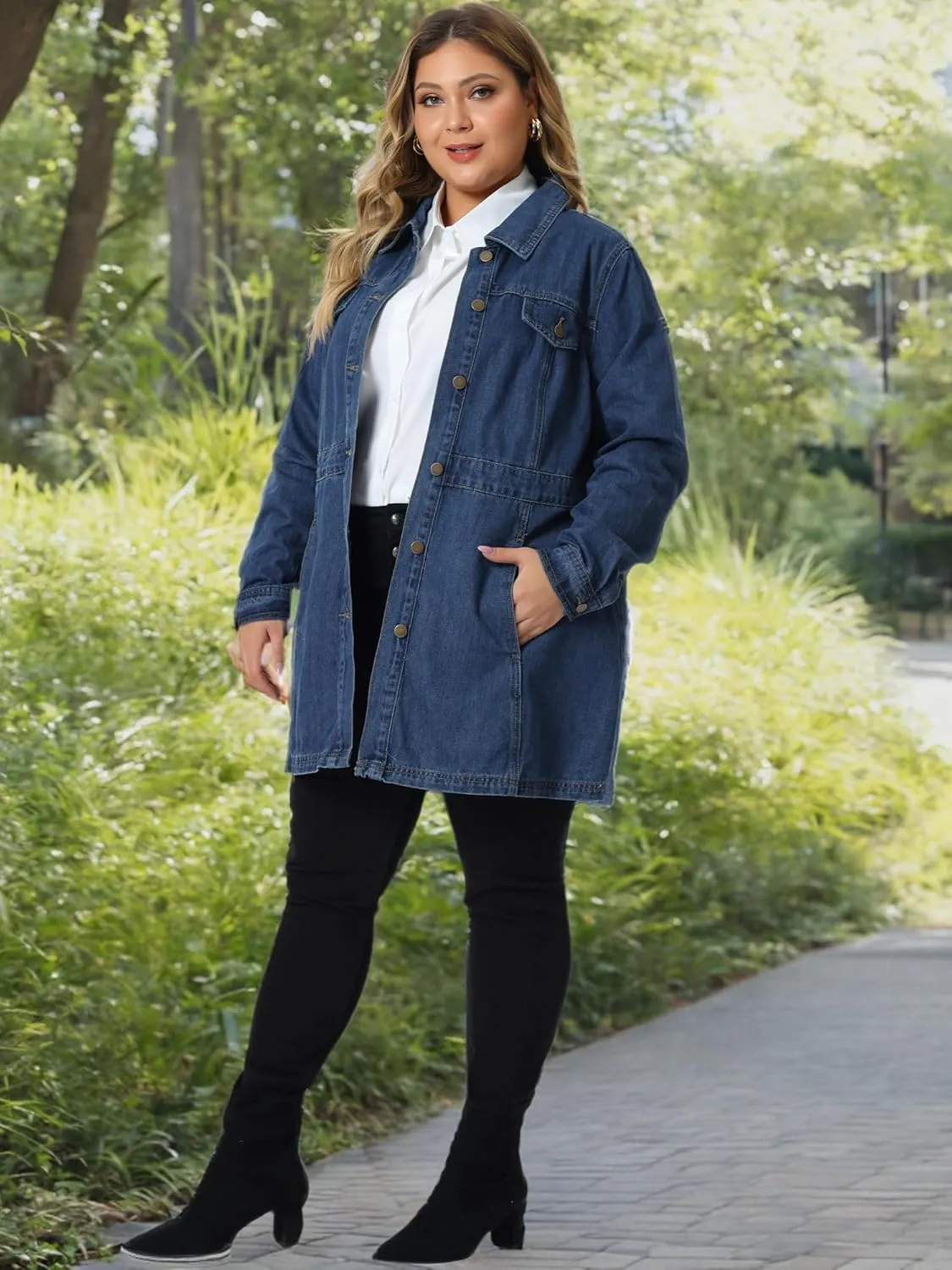 Agnes Orinda Plus Size Denim Jacket for Women Buttons Long Sleeve Jean Jackets