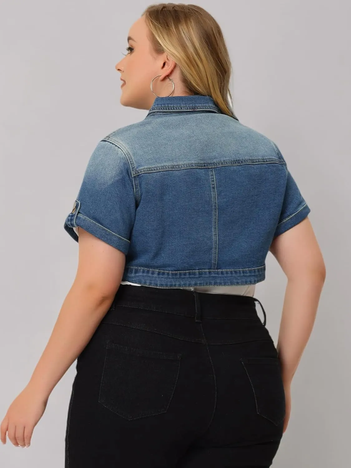 Agnes Orinda Plus Size Short Sleeve Denim Jackets for Women Button Washed Cropped Jean Jacket