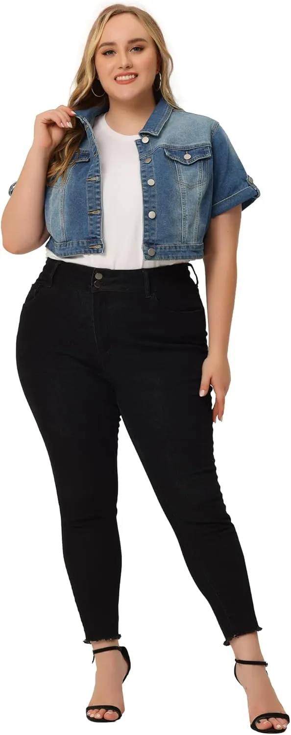 Agnes Orinda Plus Size Short Sleeve Denim Jackets for Women Button Washed Cropped Jean Jacket