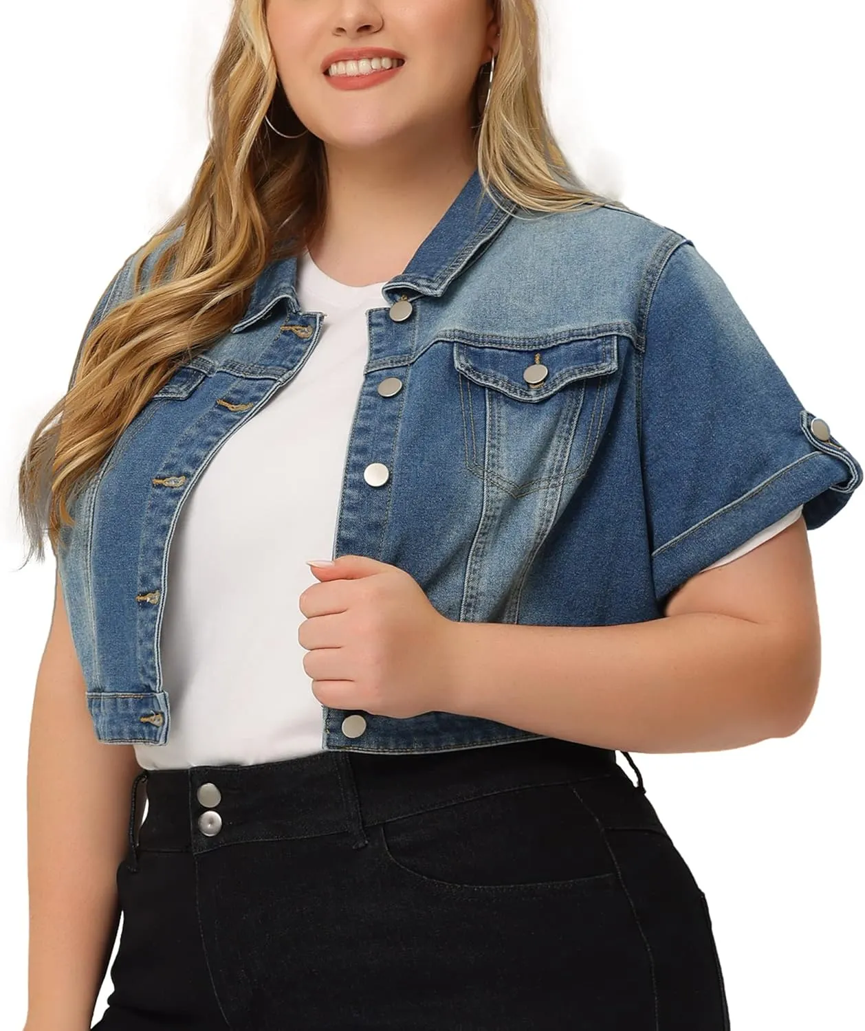 Agnes Orinda Plus Size Short Sleeve Denim Jackets for Women Button Washed Cropped Jean Jacket