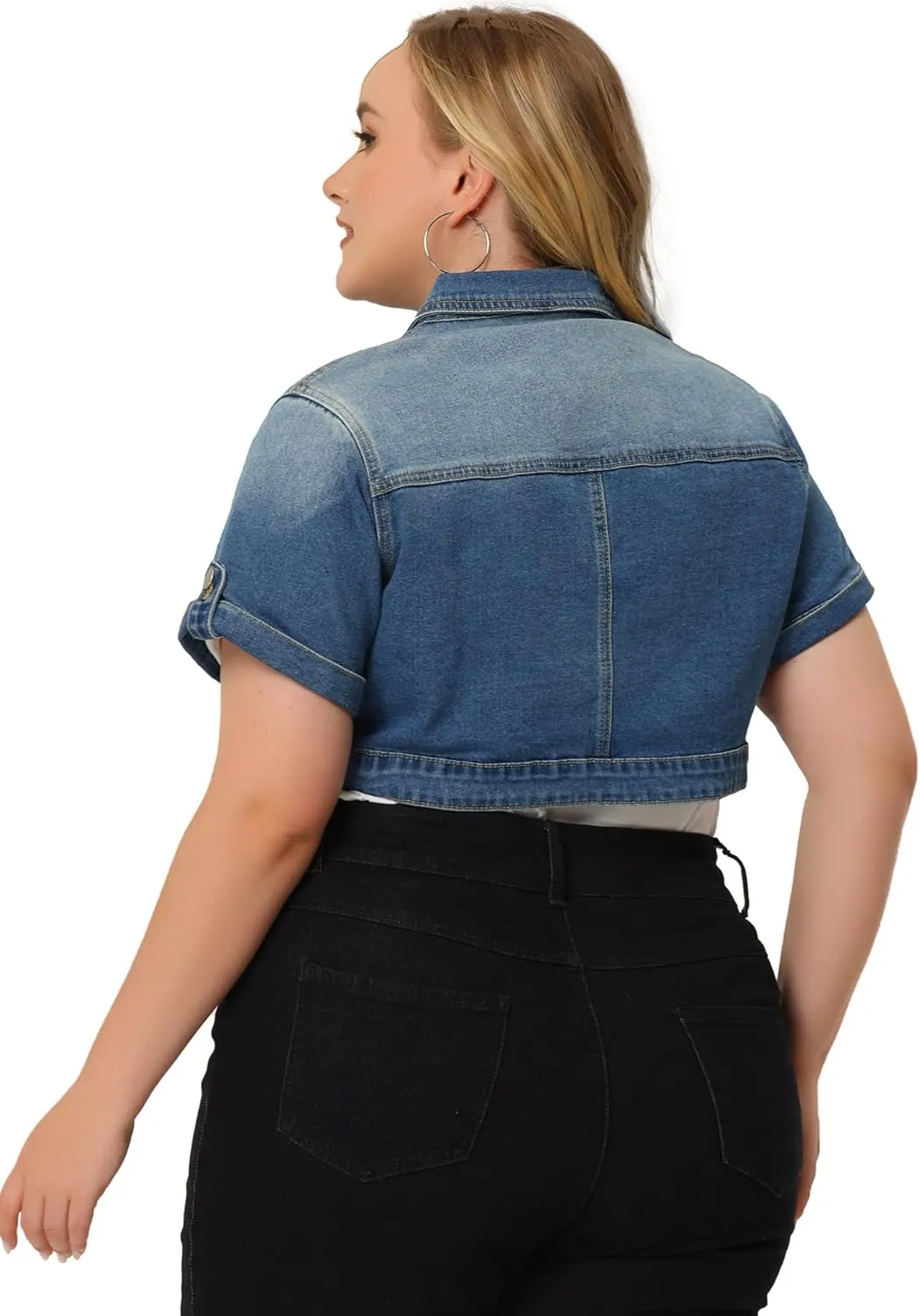 Agnes Orinda Plus Size Short Sleeve Denim Jackets for Women Button Washed Cropped Jean Jacket
