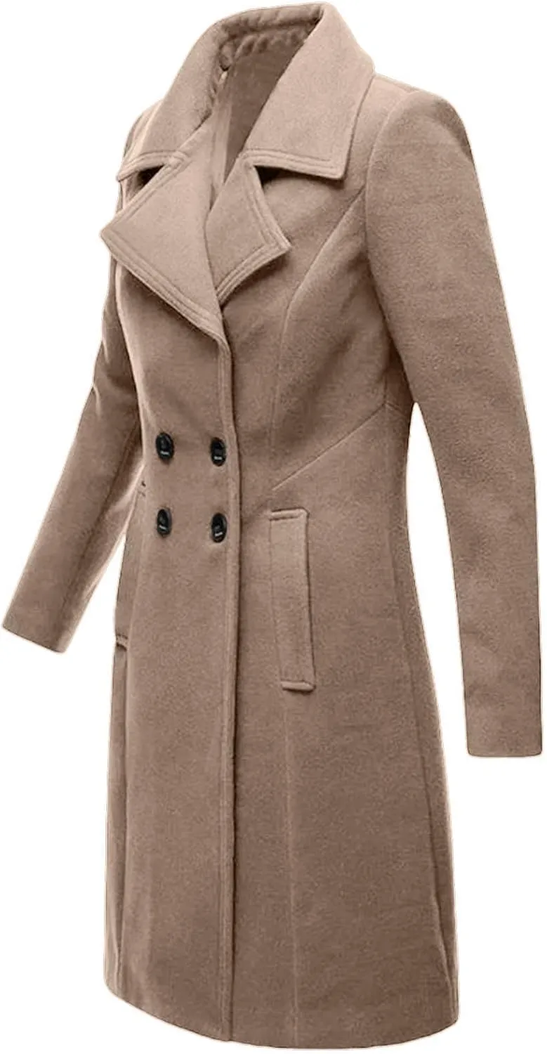 Akklian Women's Dress Coat Turndown Collar Belted Peacoat Trench Coats Trendy Wool Blend Jacket Overcoat Fall Winter 2024