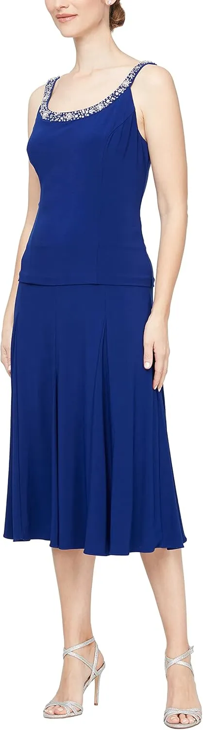 Alex Evenings Women's 2 Piece Tea Length Jacket Dress with Sequin Beaded Trim