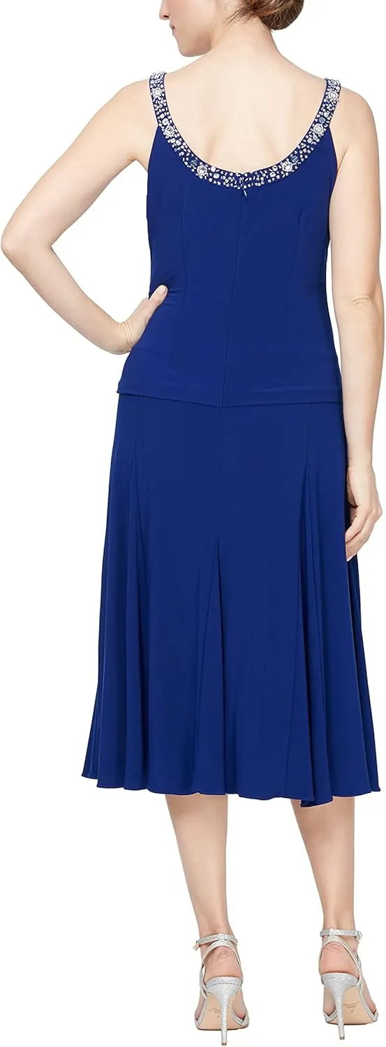 Alex Evenings Women's 2 Piece Tea Length Jacket Dress with Sequin Beaded Trim