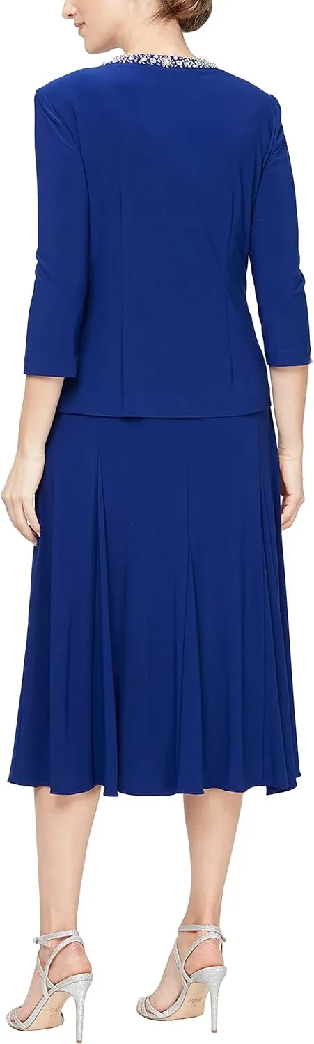 Alex Evenings Women's 2 Piece Tea Length Jacket Dress with Sequin Beaded Trim