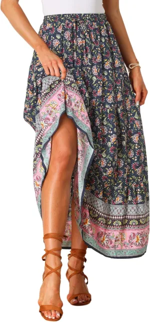 Allegra K Boho Skirt for Women's Flare Bohemian Floral Elastic Waist Flowy A-Line Vintage Casual Maxi Skirt