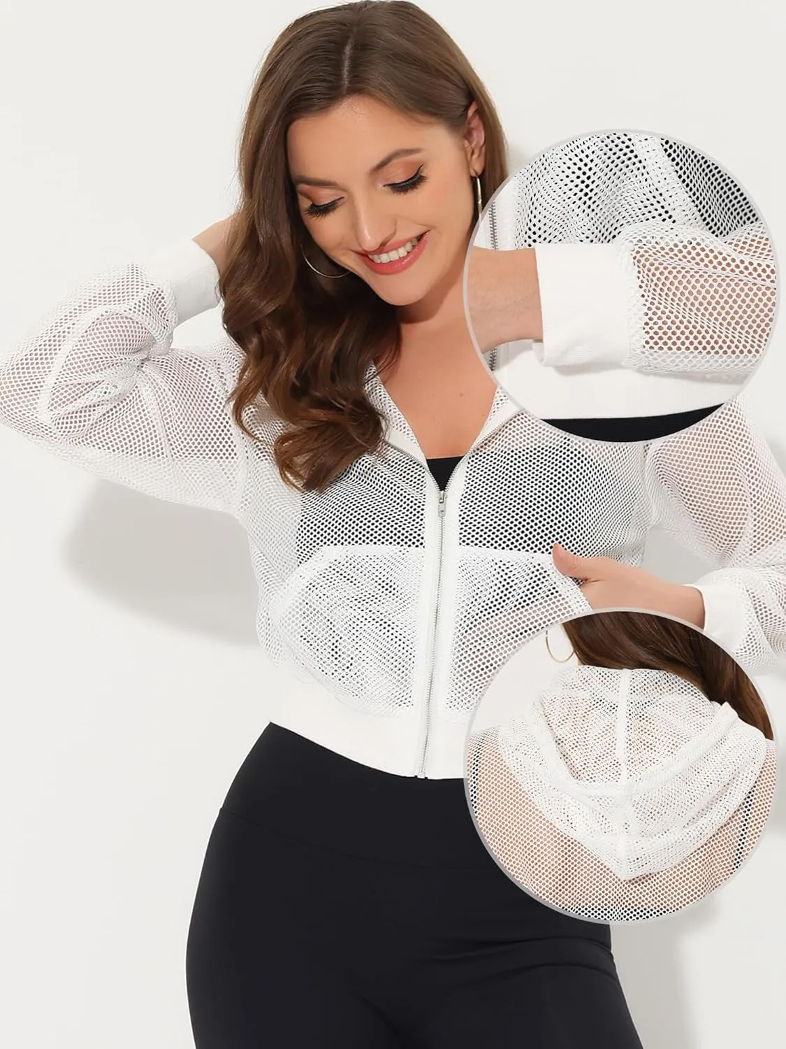 Allegra K Hoodie Jacket for Women's Zip Up Cropped Mesh Jackets Workout Long Sleeve Sheer Bomber Jacket