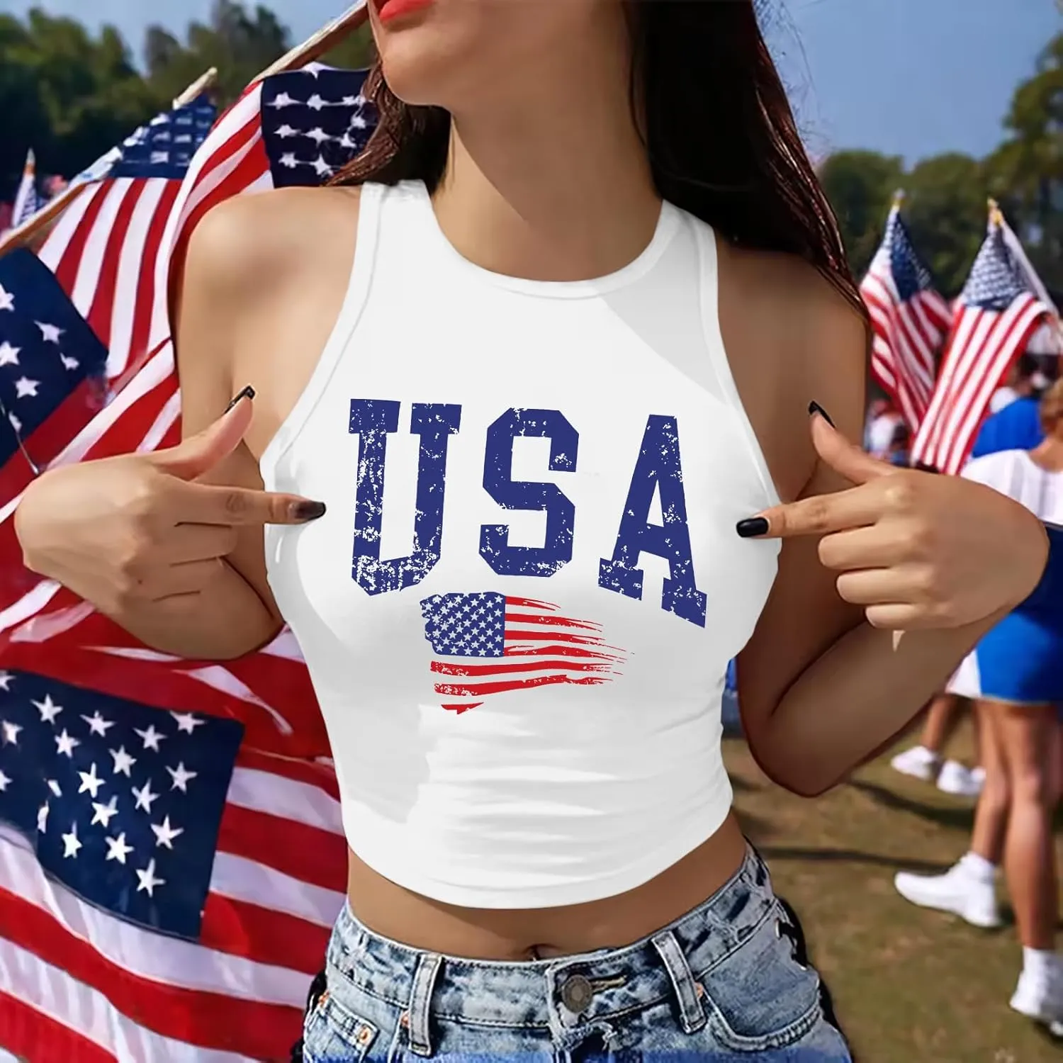 American Flag Crop Tank Tops Women: Patriotic Shirts USA Flag T-Shirt 4th of July Sleeveless Tee Tops