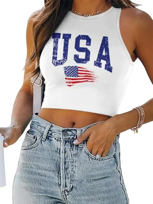 American Flag Crop Tank Tops Women: Patriotic Shirts USA Flag T-Shirt 4th of July Sleeveless Tee Tops
