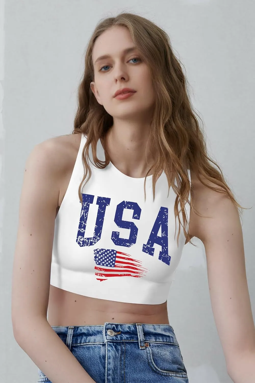 American Flag Crop Tank Tops Women: Patriotic Shirts USA Flag T-Shirt 4th of July Sleeveless Tee Tops
