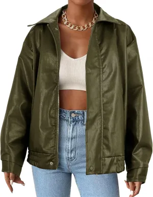 American Trends Leather Jacket Women Bomber Pleather Jacket Oversized Leather Blazer Biker Motorcycle Jacket