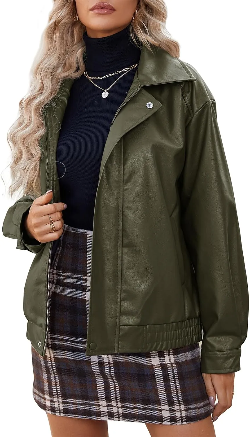 American Trends Leather Jacket Women Bomber Pleather Jacket Oversized Leather Blazer Biker Motorcycle Jacket