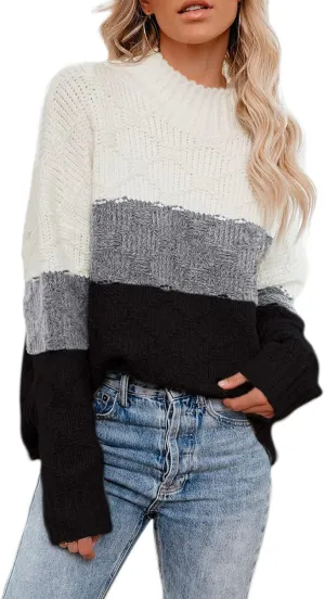 ANCAPELION Womens Casual Sweater Pullover Winter Cozy Long Sleeve Turtleneck Jumpers Color Block Knit Pullover Top Loose Fit