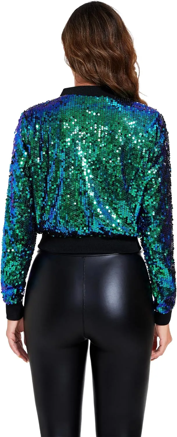 Anna-Kaci Women's Sparkly Sequin Cropped Jacket Long Sleeve Zipper Up Party Club Bomber Jacket
