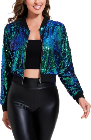 Anna-Kaci Women's Sparkly Sequin Cropped Jacket Long Sleeve Zipper Up Party Club Bomber Jacket