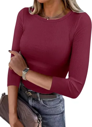 ANRABESS Women 3/4 Sleeve Crewneck Rib Knit Slim Fit Shirts Basic Tee Tops 2025 Summer Casual T-Shirt Workout Outfits Clothes
