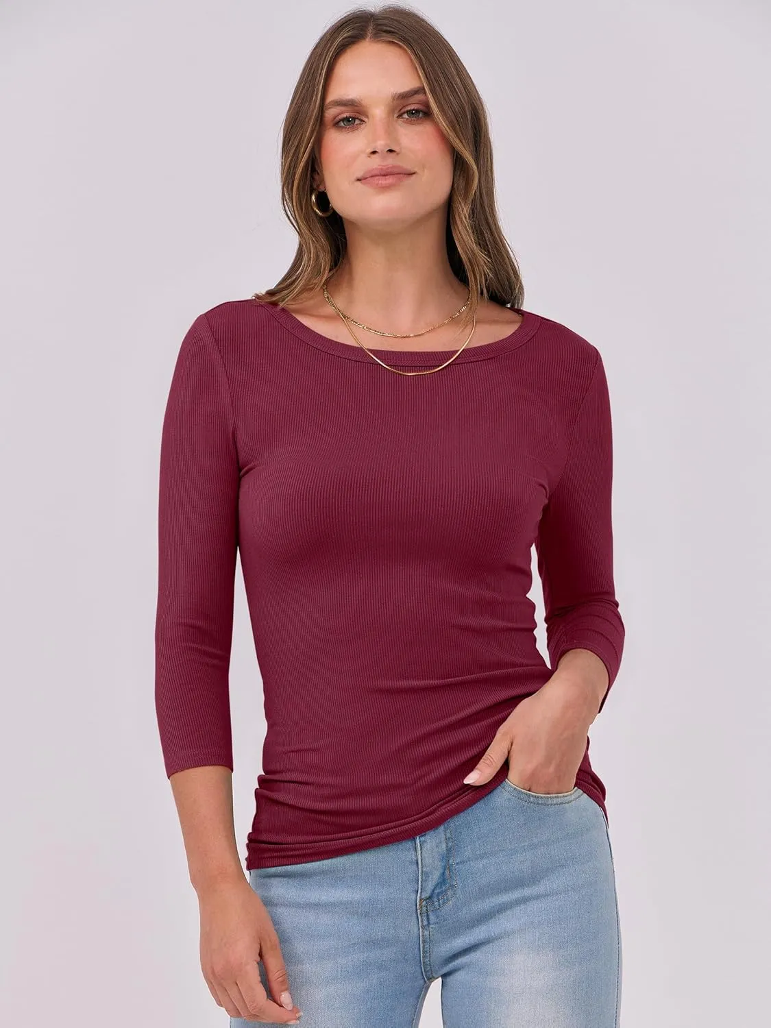 ANRABESS Women 3/4 Sleeve Crewneck Rib Knit Slim Fit Shirts Basic Tee Tops 2025 Summer Casual T-Shirt Workout Outfits Clothes