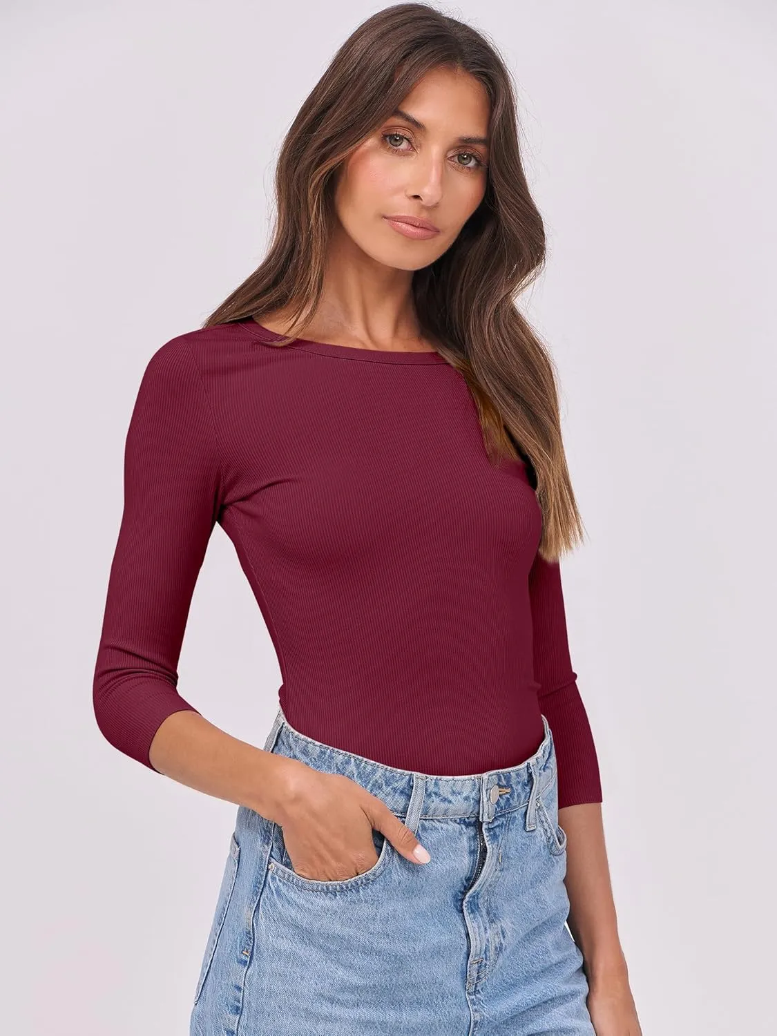 ANRABESS Women 3/4 Sleeve Crewneck Rib Knit Slim Fit Shirts Basic Tee Tops 2025 Summer Casual T-Shirt Workout Outfits Clothes