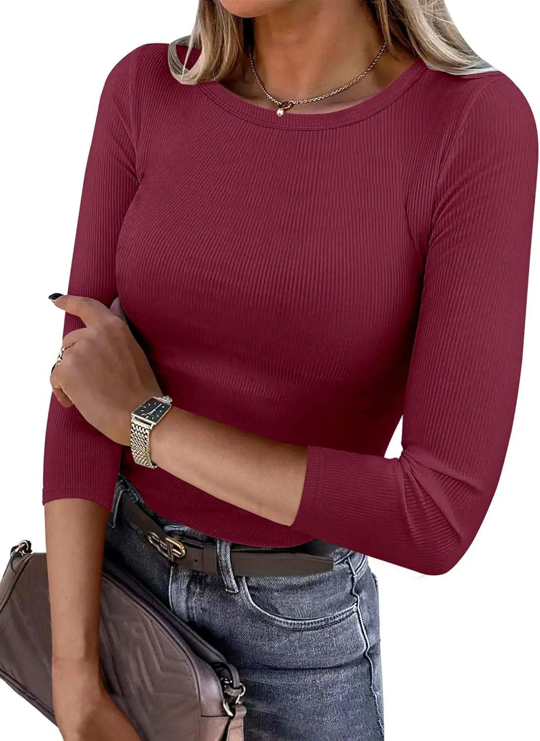 ANRABESS Women 3/4 Sleeve Crewneck Rib Knit Slim Fit Shirts Basic Tee Tops 2025 Summer Casual T-Shirt Workout Outfits Clothes