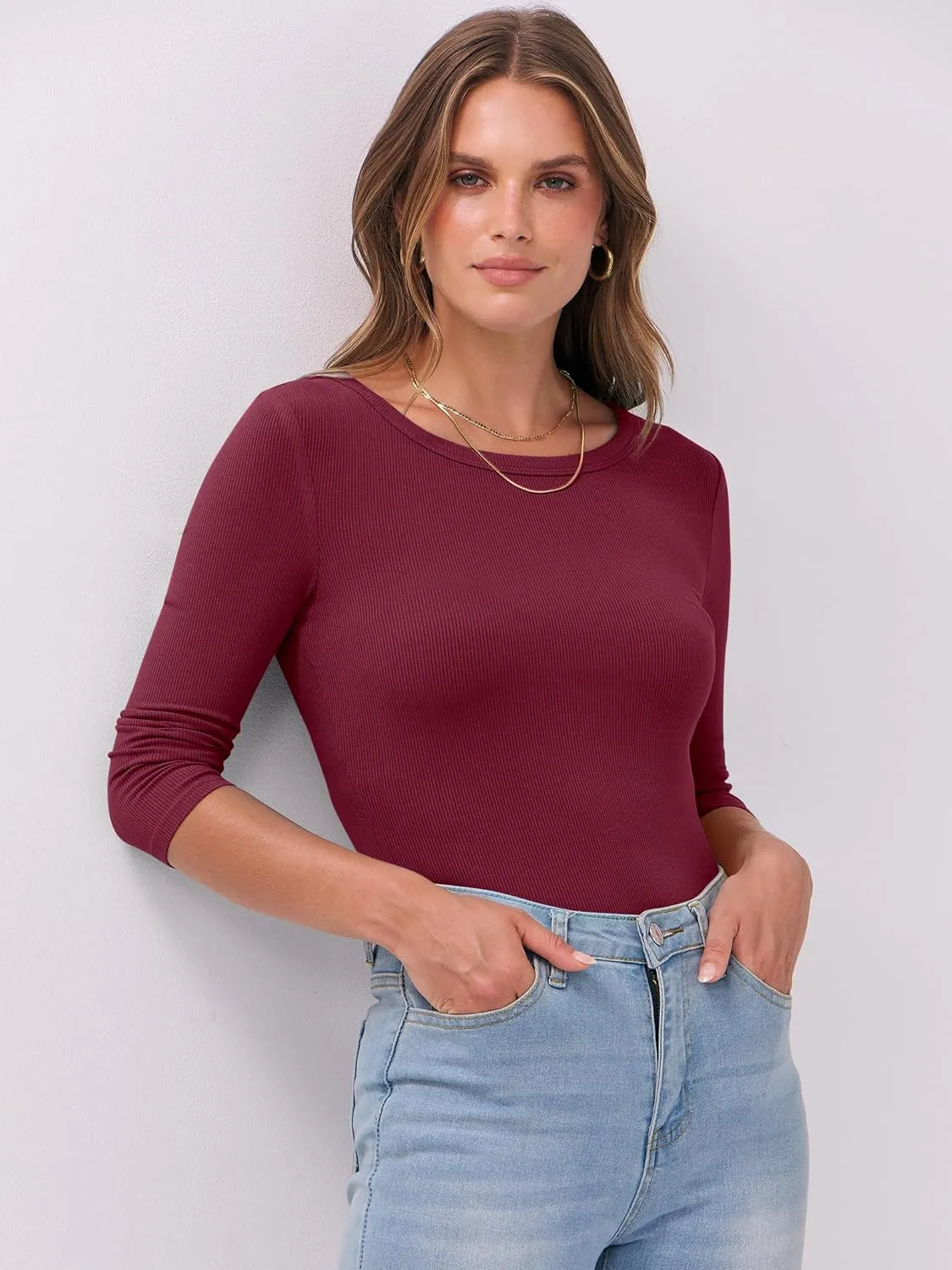ANRABESS Women 3/4 Sleeve Crewneck Rib Knit Slim Fit Shirts Basic Tee Tops 2025 Summer Casual T-Shirt Workout Outfits Clothes