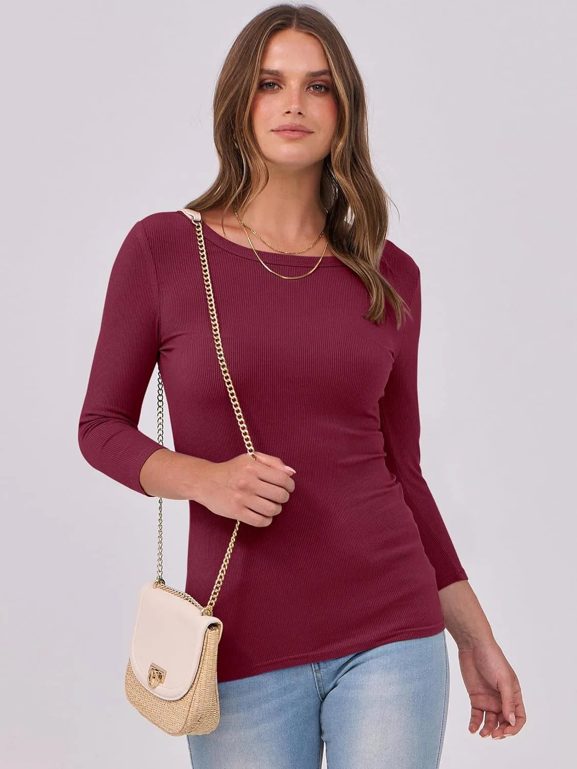 ANRABESS Women 3/4 Sleeve Crewneck Rib Knit Slim Fit Shirts Basic Tee Tops 2025 Summer Casual T-Shirt Workout Outfits Clothes