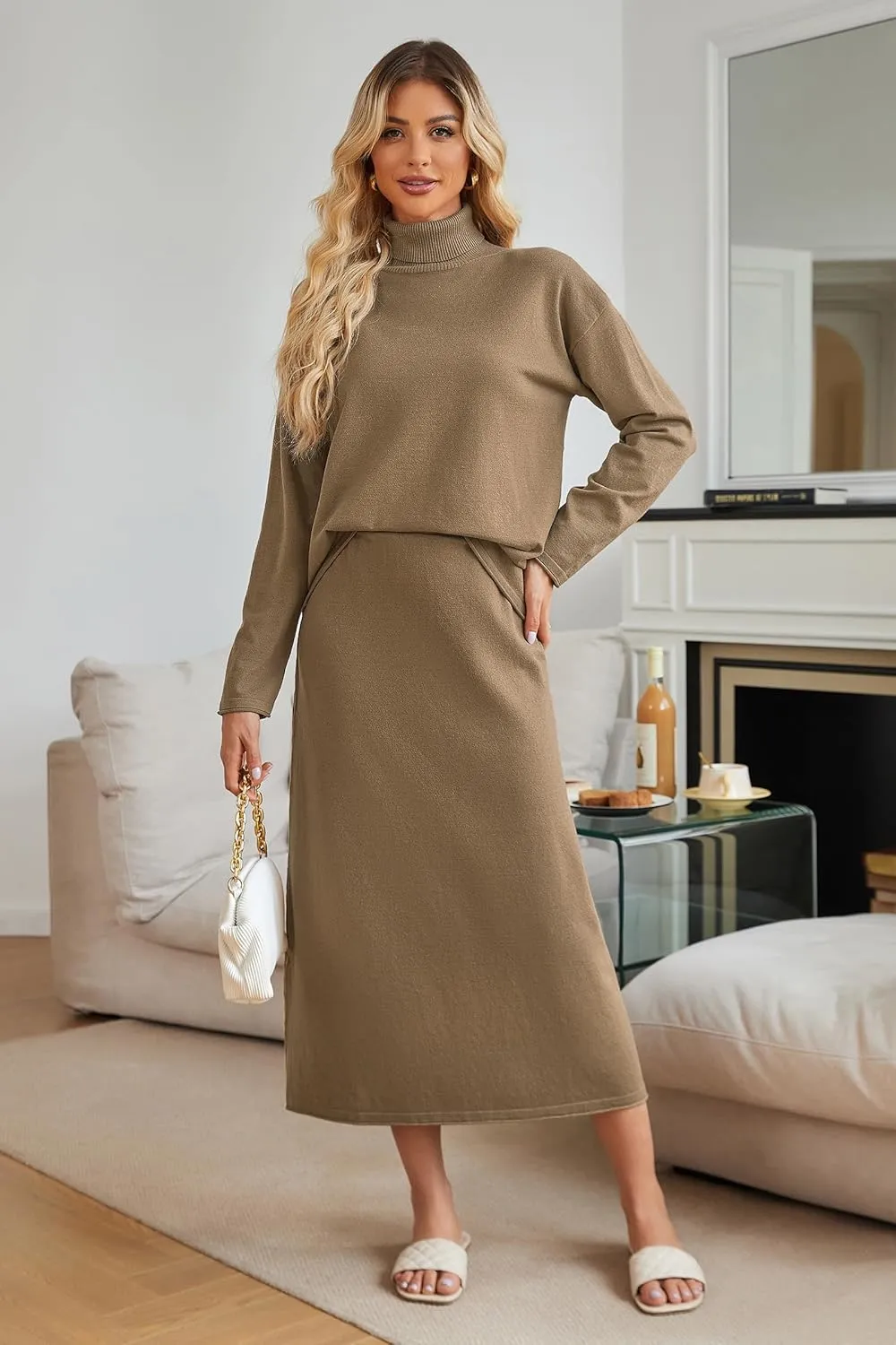 Arach&Cloz Womens 2 Piece Sweaters Sets Turtleneck Long Sleeve Tops Long Maxi Skirt Casual Fall Fashion 2024 Outfits
