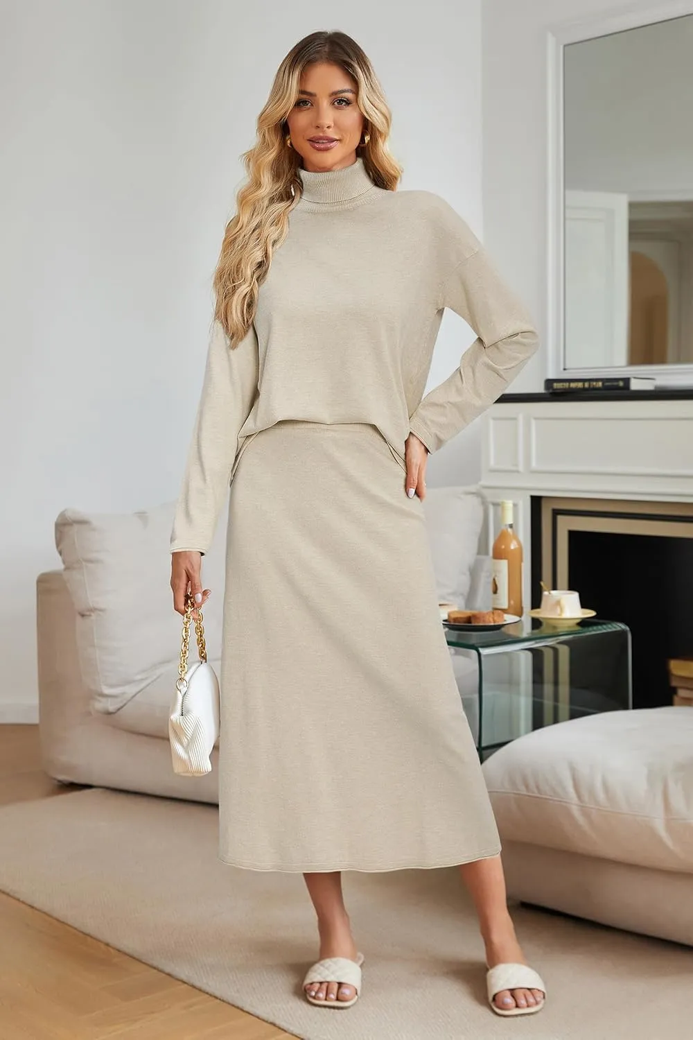 Arach&Cloz Womens 2 Piece Sweaters Sets Turtleneck Long Sleeve Tops Long Maxi Skirt Casual Fall Fashion 2024 Outfits